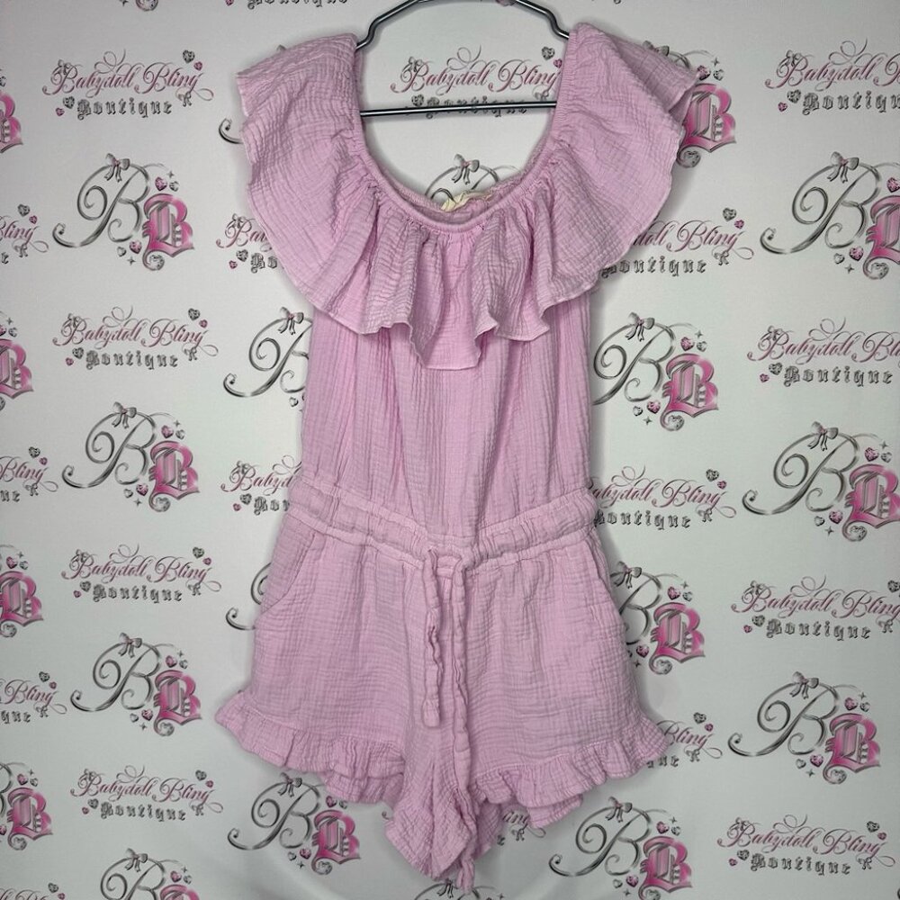 Ocean drive romper shorts off shoulder pink ruffle frilly waist tie up frills